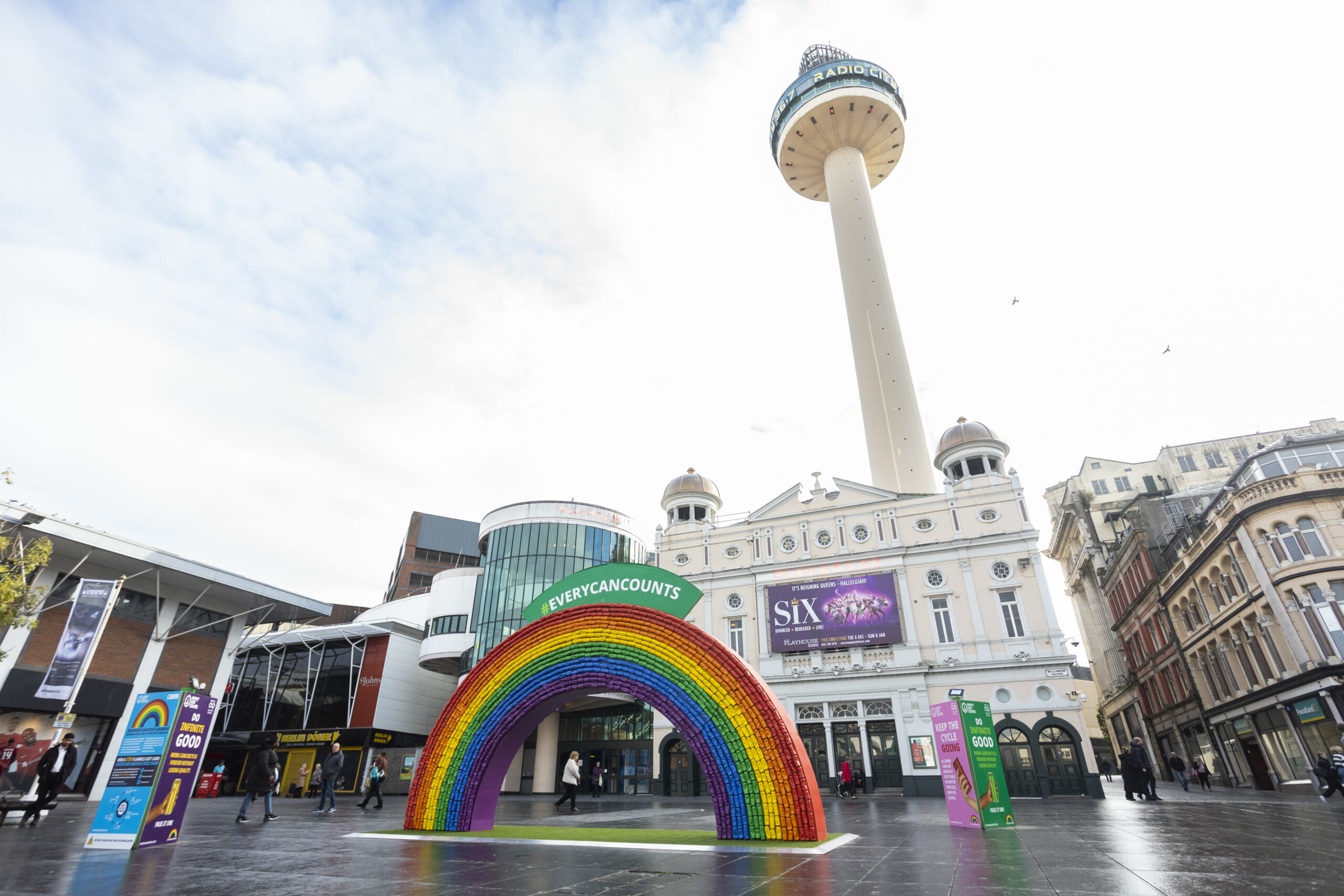 A giant rainbow is placed in Williamson Square in Liverpool, Merseyside, for the start of Recycle Week 2022.