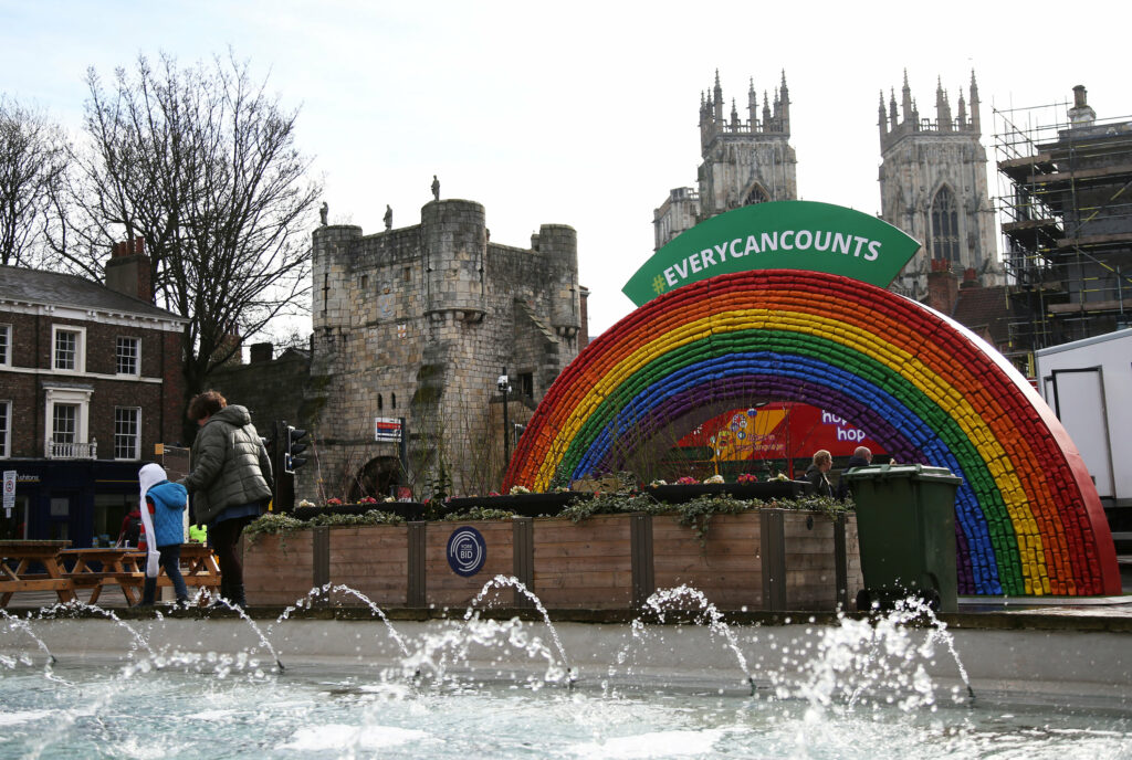 The #EveryCanCounts Rainbow in Exhibition Square, York, with York Minster cathedral in the background.