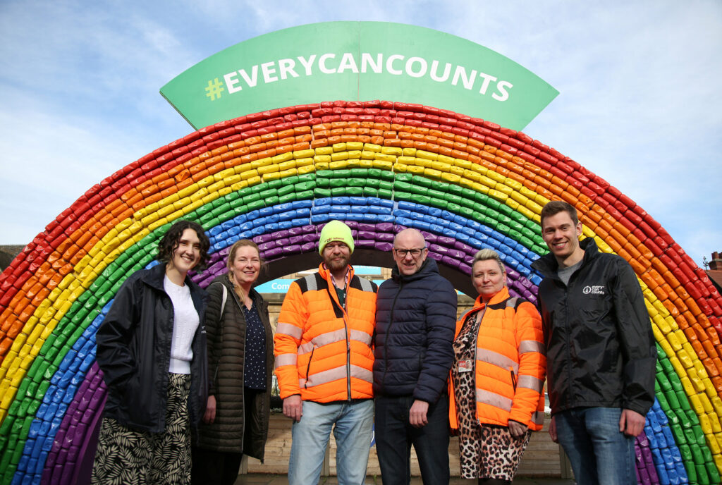 Every Can Counts and City of York Council staff in front of the #EveryCanCounts Rainbow in York.